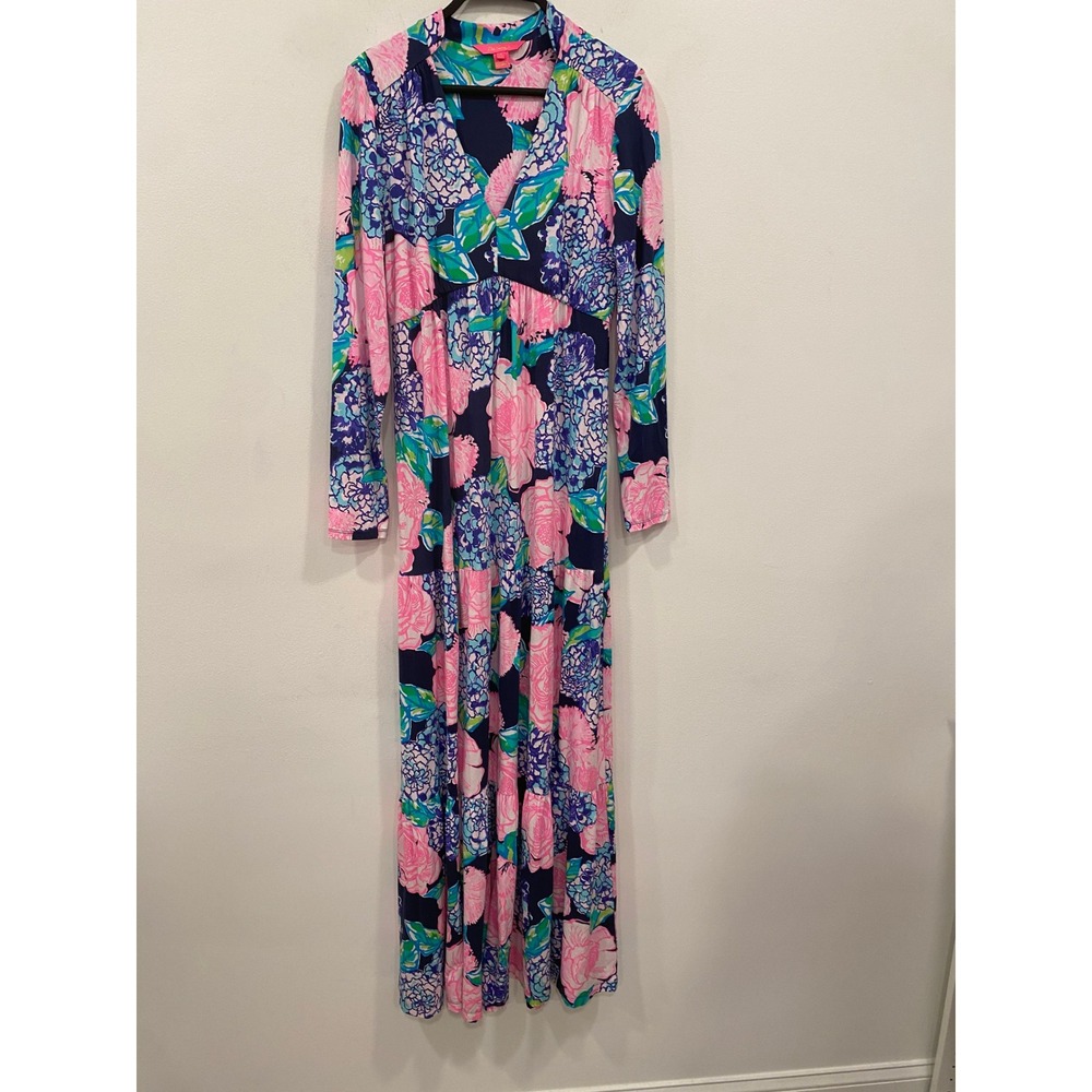 Lilly Pulitzer Martinique Tiered Maxi Dress Womens MED Navy Blue Floral Resort - Picture 6 of 16